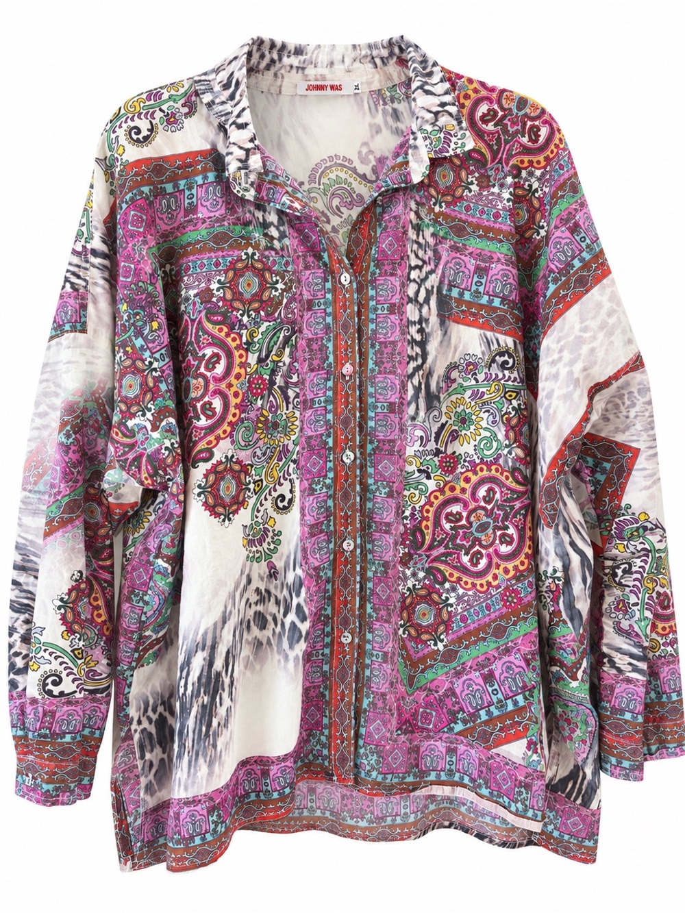 Johnny Was Multicolor Paisley Button-Down Blouse with Pink and Purple Accents